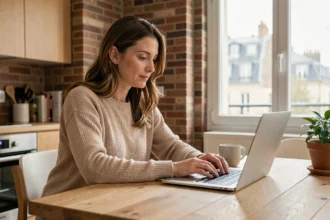 Femme faisant un devis d'assurance habitation en ligne depuis son appartement à Troyes