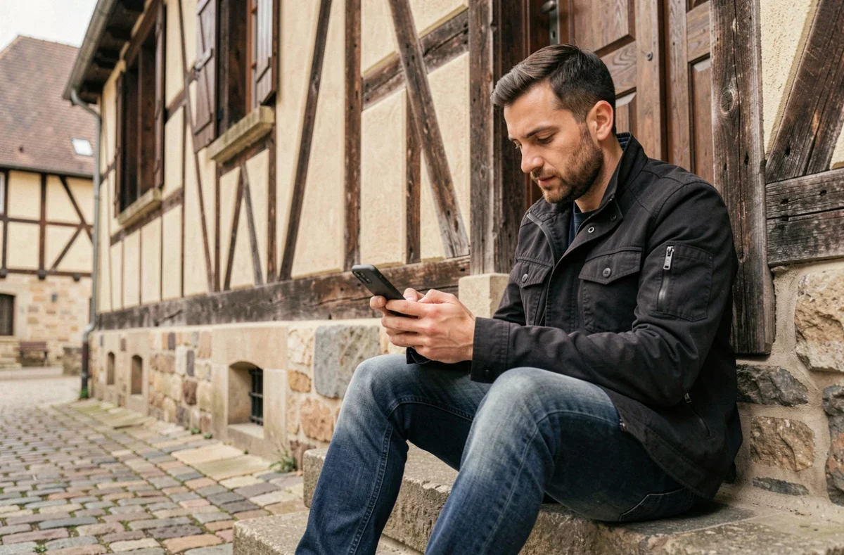 Homme utilisant son smartphone pour obtenir un devis assurance habitation devant une maison à colombages de Troyes