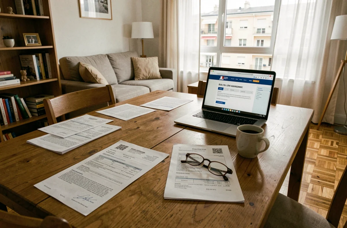 Documents de bail meublé et déclaration de taxe d'habitation posés sur une table dans un appartement meublé