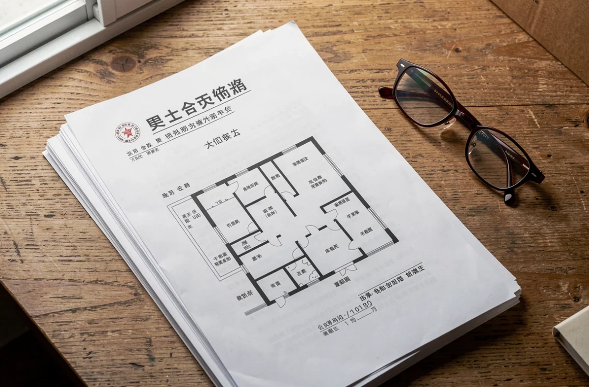 Documents de copropriété et plan d'appartement posés sur un bureau en bois