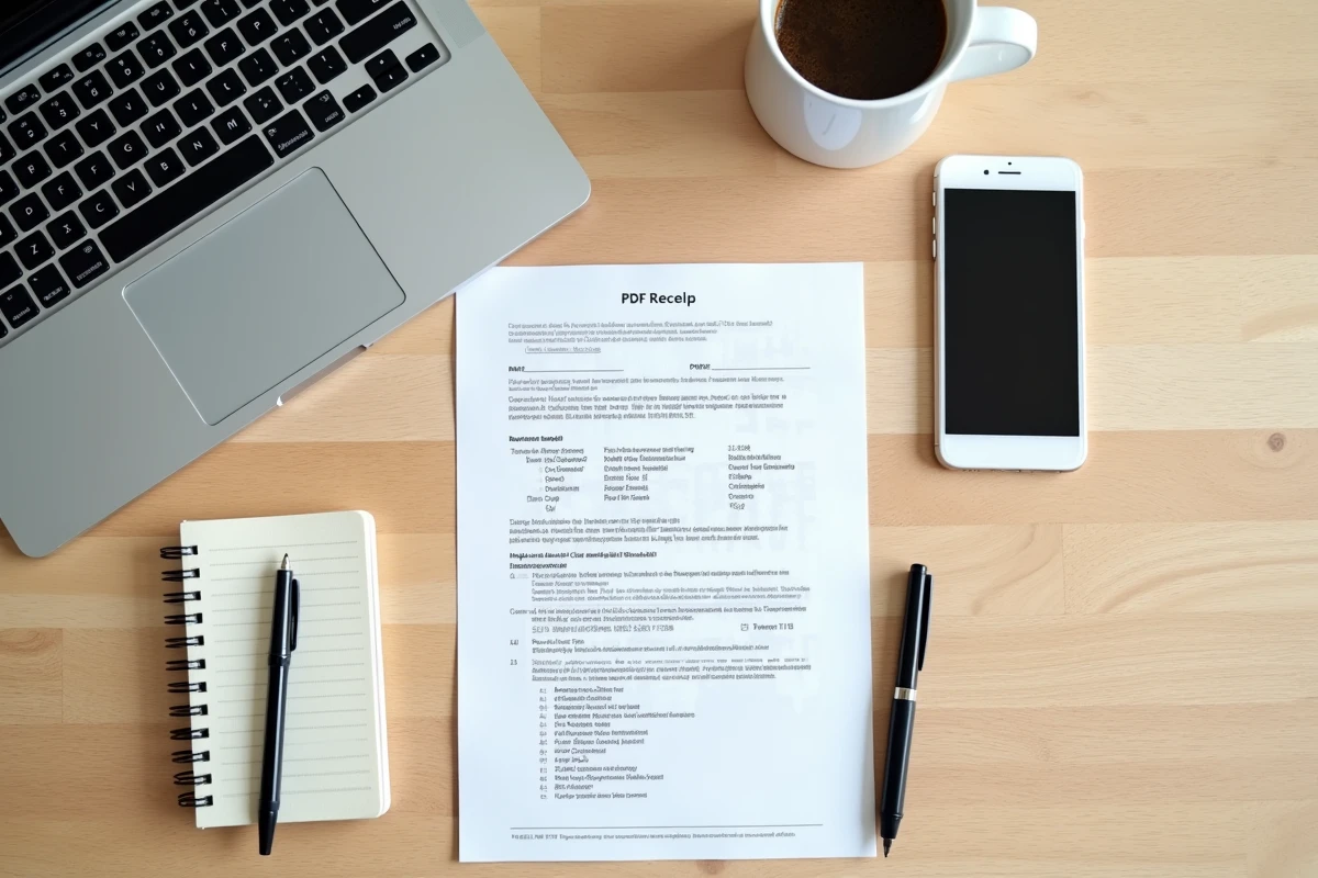 Vue aérienne de documents PDF locatifs imprimés, ordinateur portable et smartphone sur un bureau en bois clair
