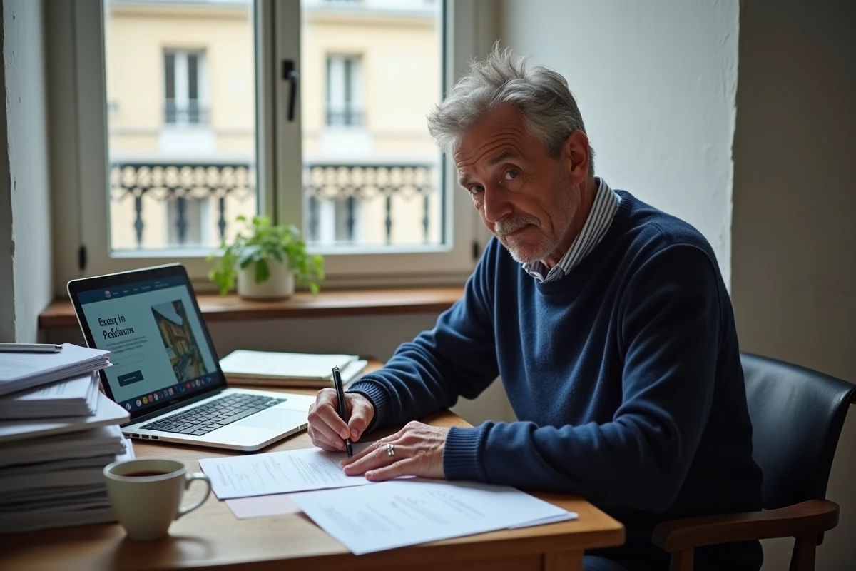 Homme remplissant un dossier de demande de logement social HLM dans un appartement parisien