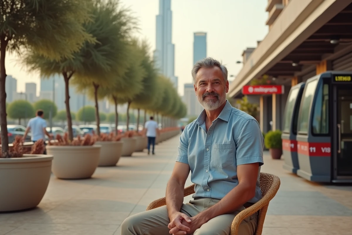 Homme attablé en terrasse dans le quartier de Downtown Dubaï à proximité d'une station de métro