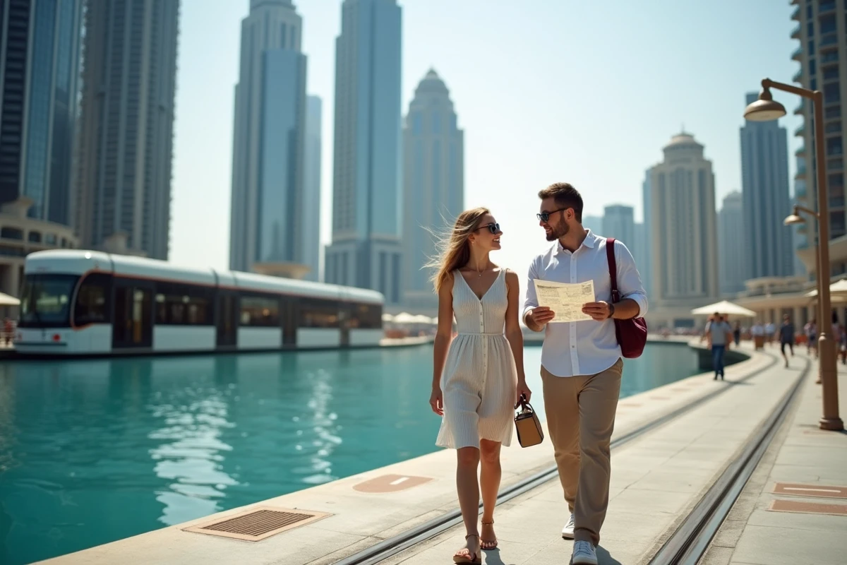 Couple se déplaçant à pied le long de la marina de Dubaï avec tramway et gratte-ciels en arrière-plan