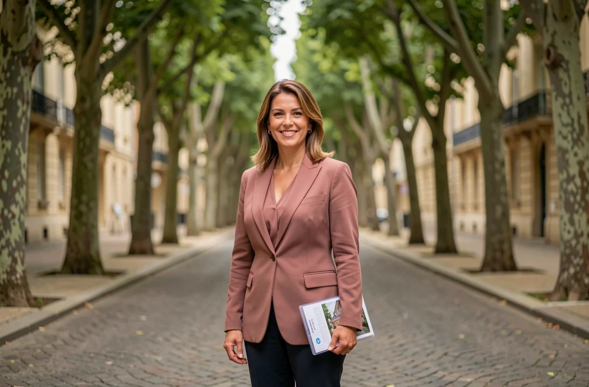 Elodie Bussières, agente Optimhome Rochefort, sur un boulevard bordé de platanes avec architecture napoléonienne