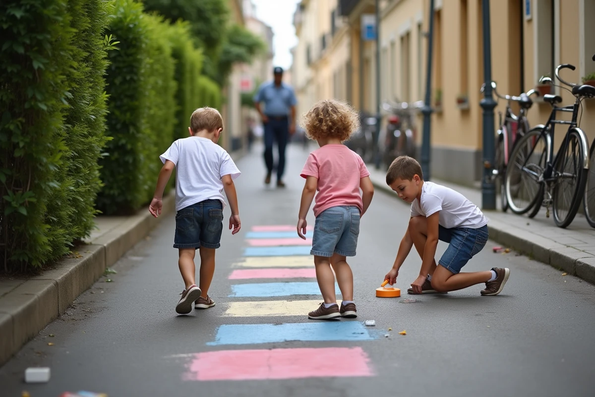 Enfants dessinant un jeu de marelle avec des craies colorées dans la rue
