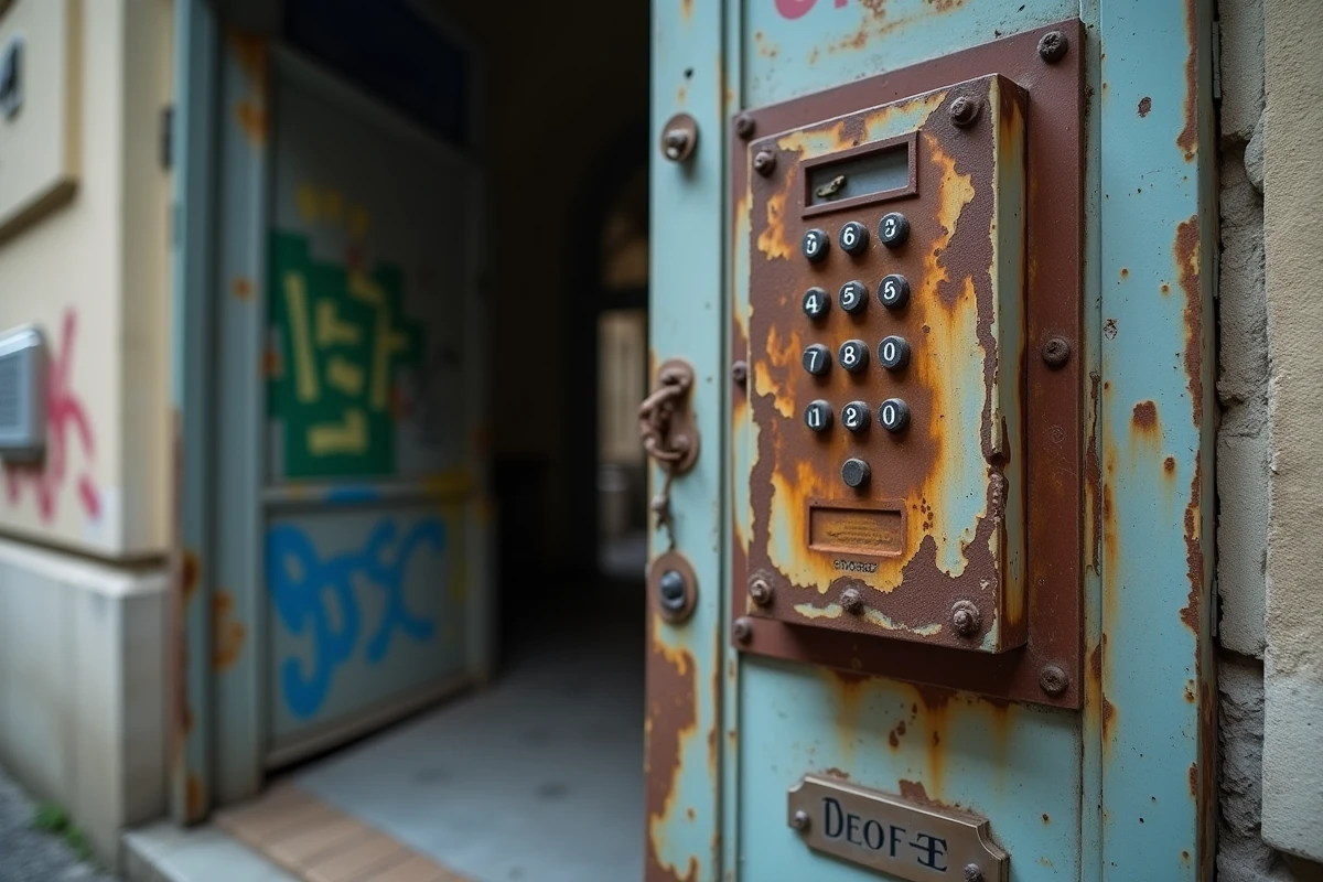 Détail d'une entrée d'immeuble vétuste et dégradée dans un quartier à éviter à Montluçon