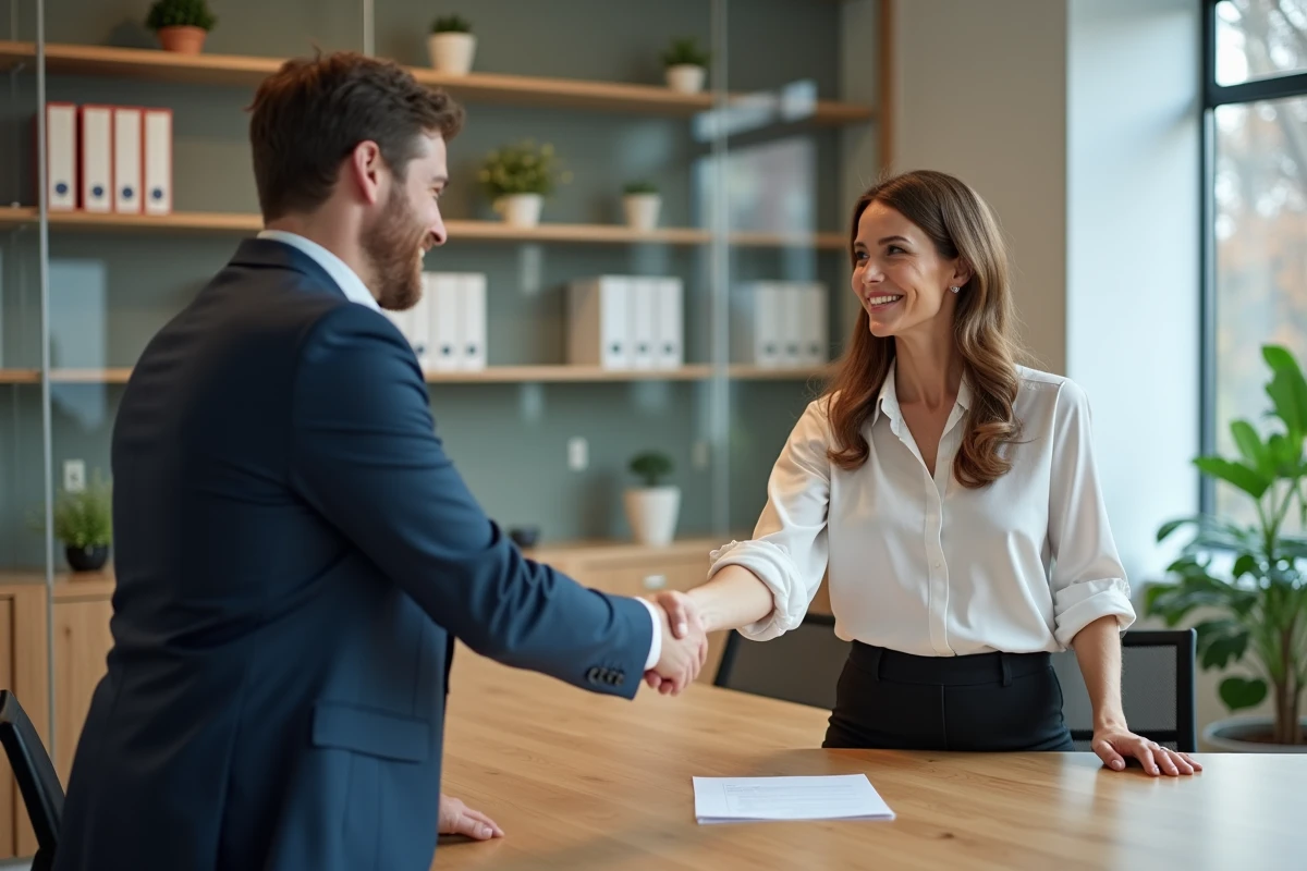 Deux professionnels se serrant la main dans un bureau moderne