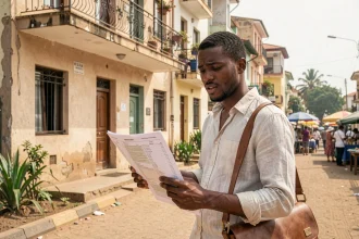 Homme expatrié tenant des annonces de location devant un immeuble résidentiel à Dakar, illustrant les erreurs fréquentes des nouveaux arrivants
