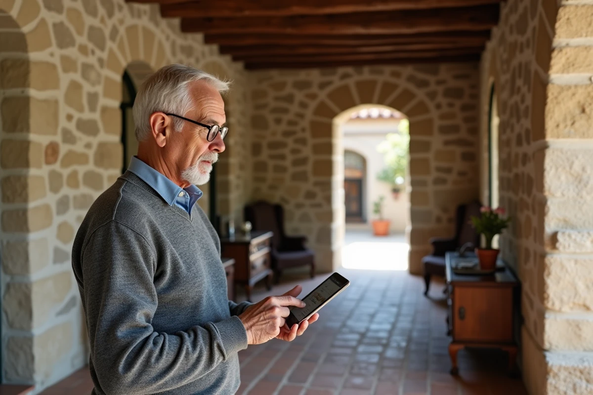 Homme senior consultant une estimation immobilière en ligne dans une maison de famille ancienne en pierre