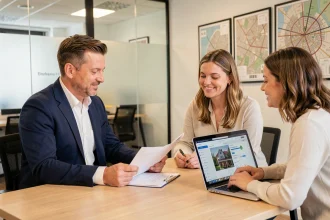 Agent immobilier à Lyon présentant une estimation immobilière fiable à un couple de clients dans une agence moderne