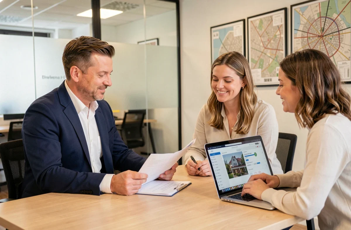 Agent immobilier à Lyon présentant une estimation immobilière fiable à un couple de clients dans une agence moderne