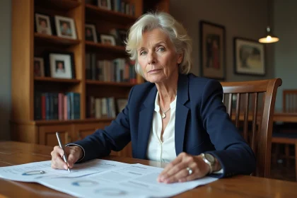 Femme d'âge mûr consultant des documents d'estimation immobilière pour une succession dans une maison familiale