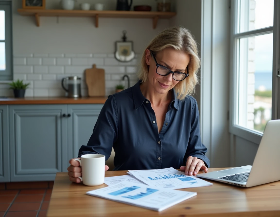 Femme étudiant l'estimation du potentiel locatif saisonnier d'une maison bretonne vue mer avec des documents immobiliers