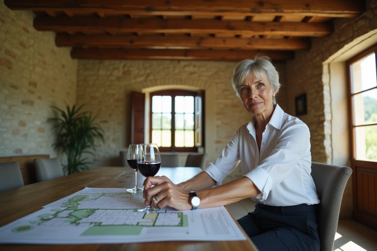 Femme examinant les documents juridiques pour l'achat d'un domaine viticole bordelais