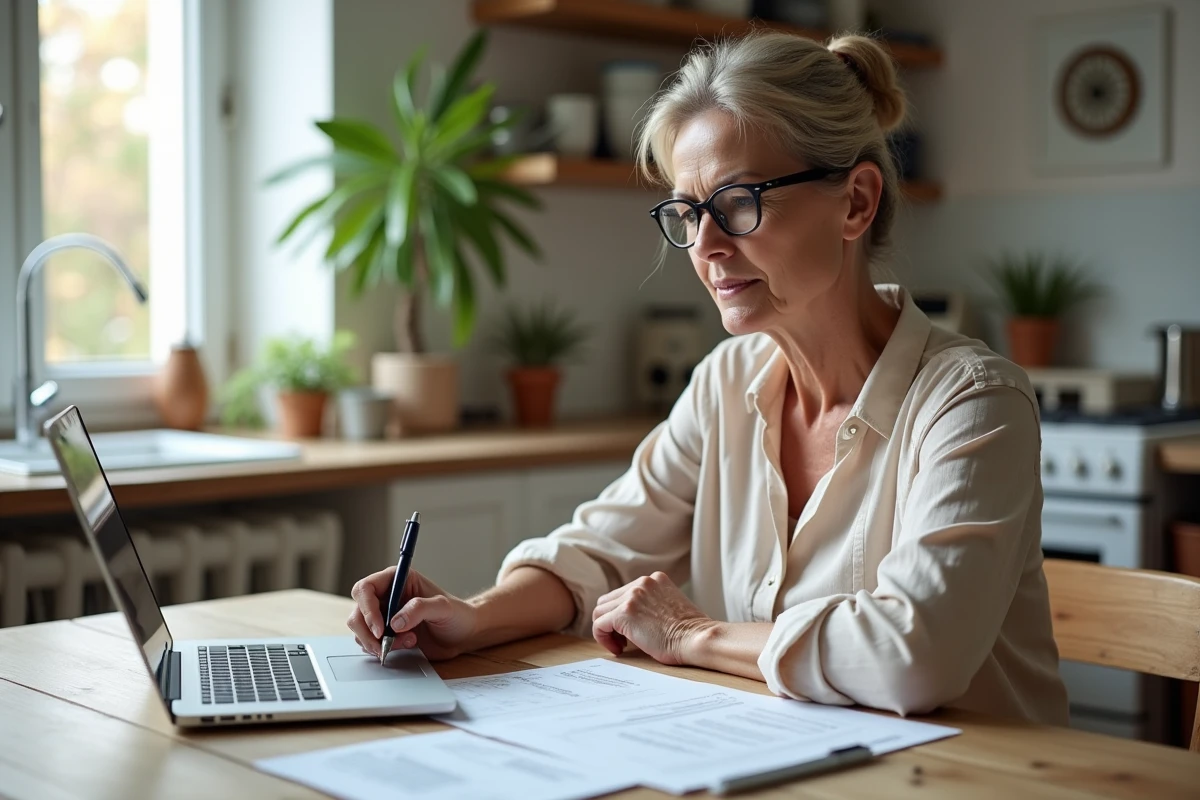 Particulière consultant un site d'évaluation immobilière en ligne avec des documents de vente sur une table en bois dans une maison française