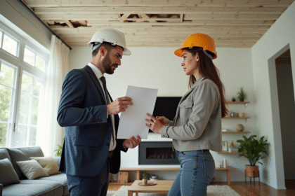 Professionnel en costume et casque discutant assurance avec propriétaire inquiet dans salon endommagé