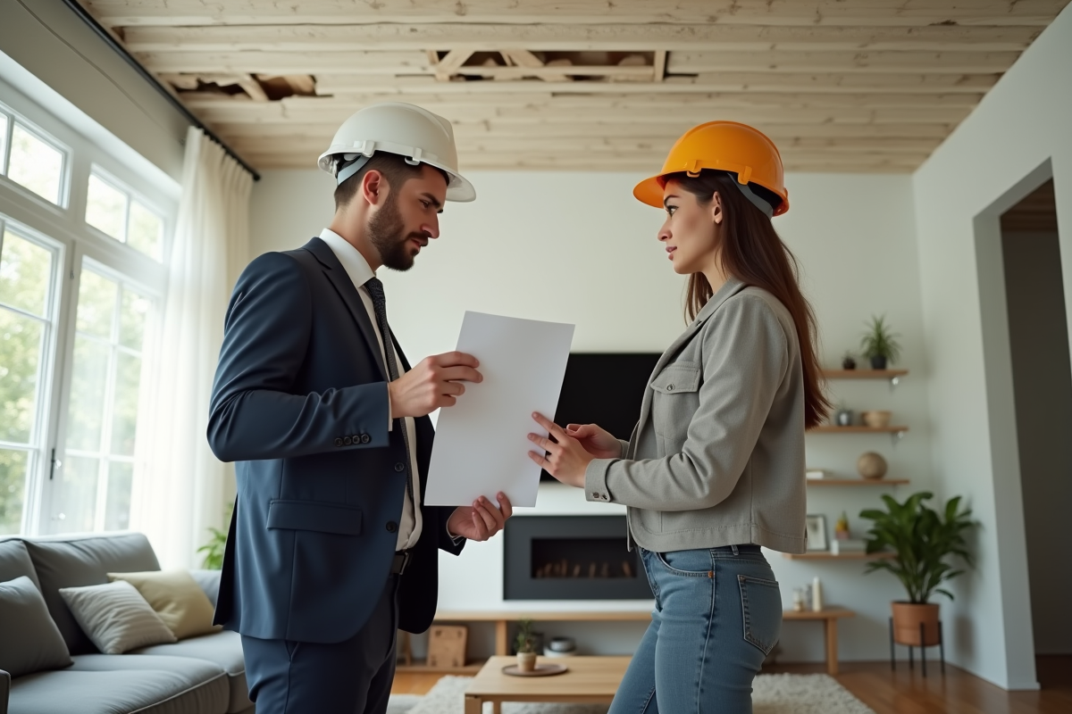 Professionnel en costume et casque discutant assurance avec propriétaire inquiet dans salon endommagé