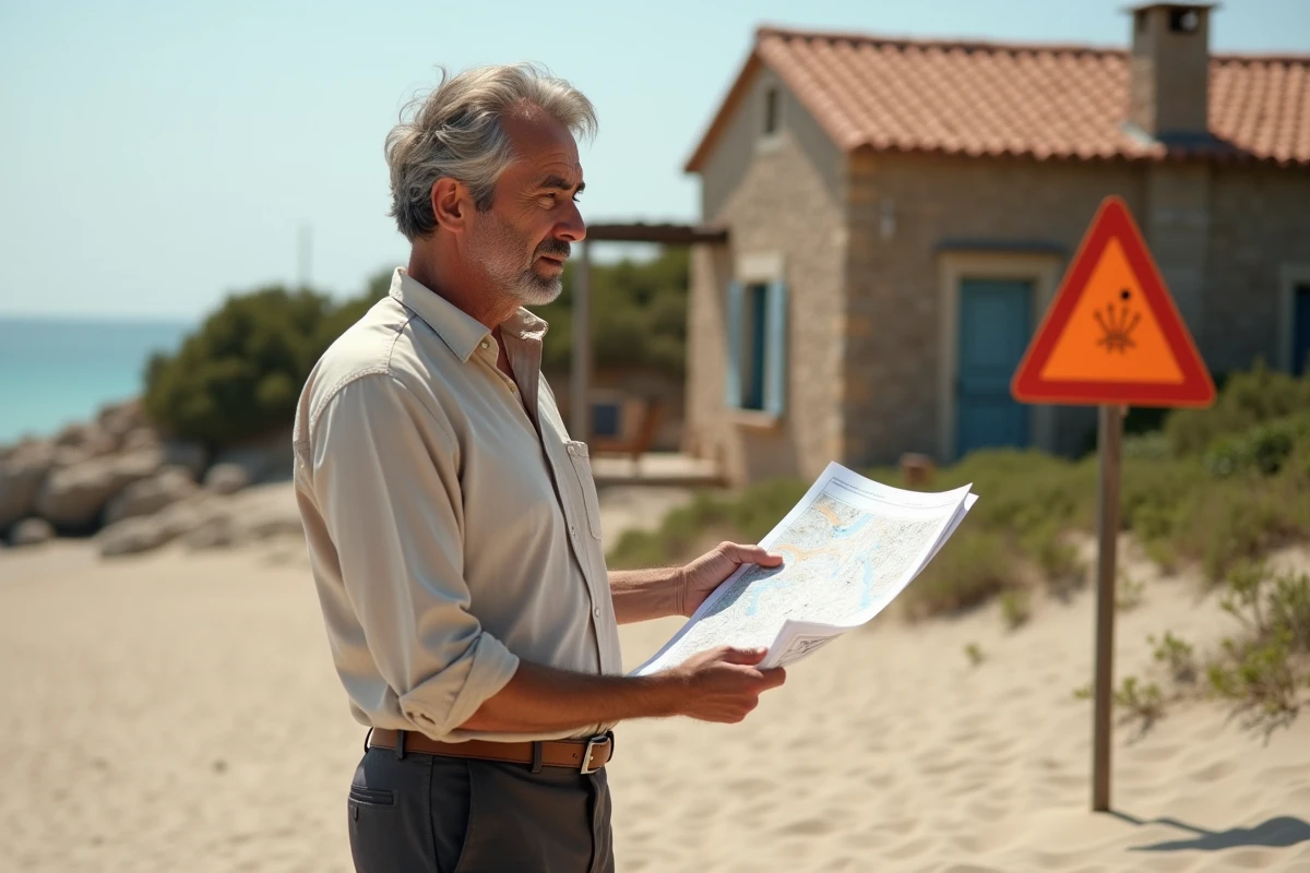 Expert immobilier examinant une carte des zones à risques littoraux devant une maison de pêcheur en bord de mer à vendre