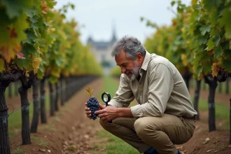 Expert viticole examinant des grappes de raisin dans un vignoble bordelais avant achat