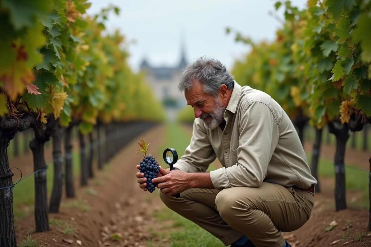 Expert viticole examinant des grappes de raisin dans un vignoble bordelais avant achat