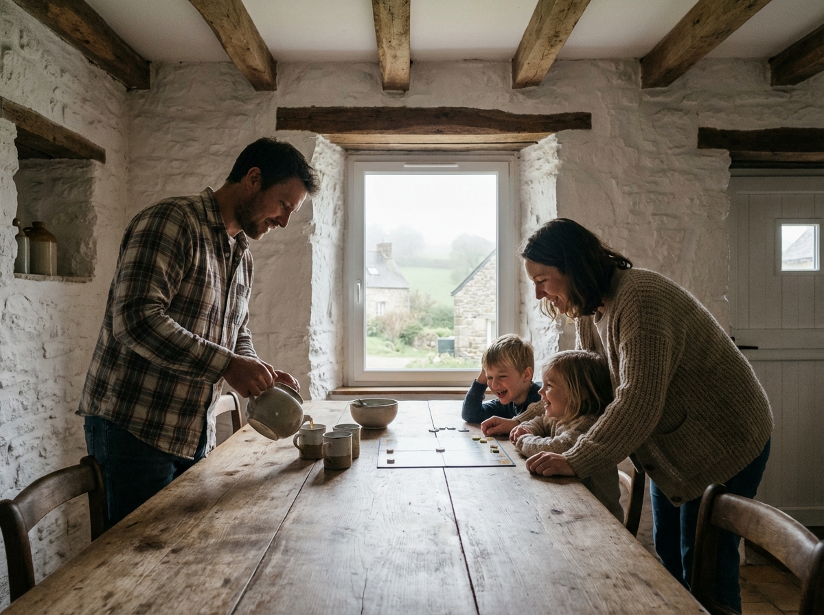 Famille dans une maison bretonne avec bois et paysage brumeux