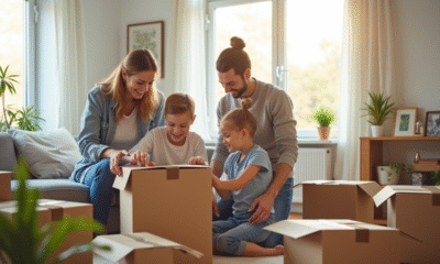 Famille souriante dans un salon lumineux en plein emménagement