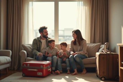 Famille dans une chambre d'hôtel moderne et temporaire