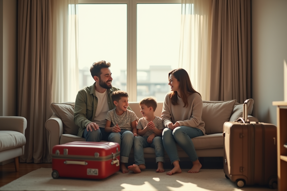 Famille dans une chambre d'hôtel moderne et temporaire