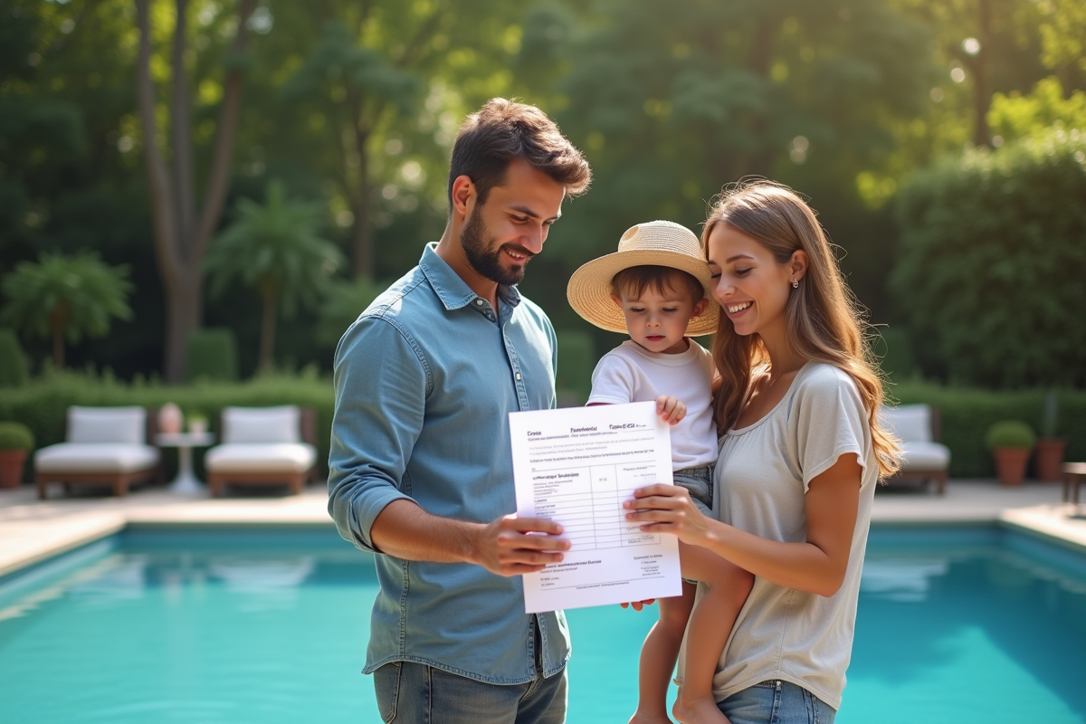Famille avec enfant devant piscine dans jardin
