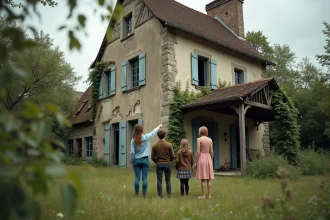 Famille visitant une maison abandonnée à vendre en Île-de-France avec façade en pierre détériorée et jardin envahi