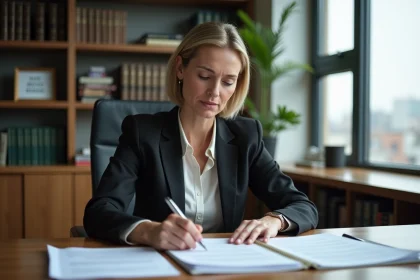 Femme d'affaires réfléchissant à des documents immobiliers