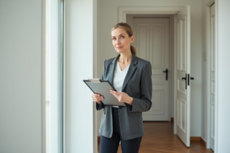 Femme d'affaires lisant des documents dans un appartement neuf
