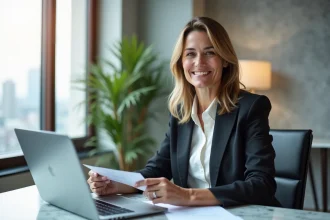 Femme d'affaires souriante à son bureau moderne