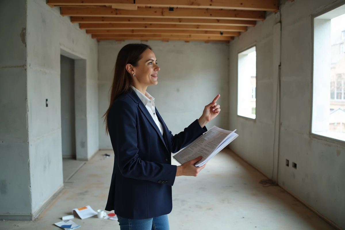 Femme architecte tenant un guide de rénovation dans un appartement en chantier pour estimer le budget travaux