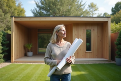 Femme tenant plans architecturaux devant un abri de jardin moderne