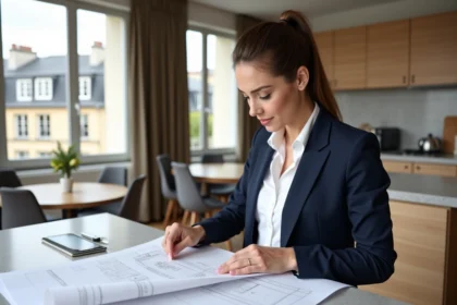 Femme professionnelle en blazer bleu dans une cuisine parisienne