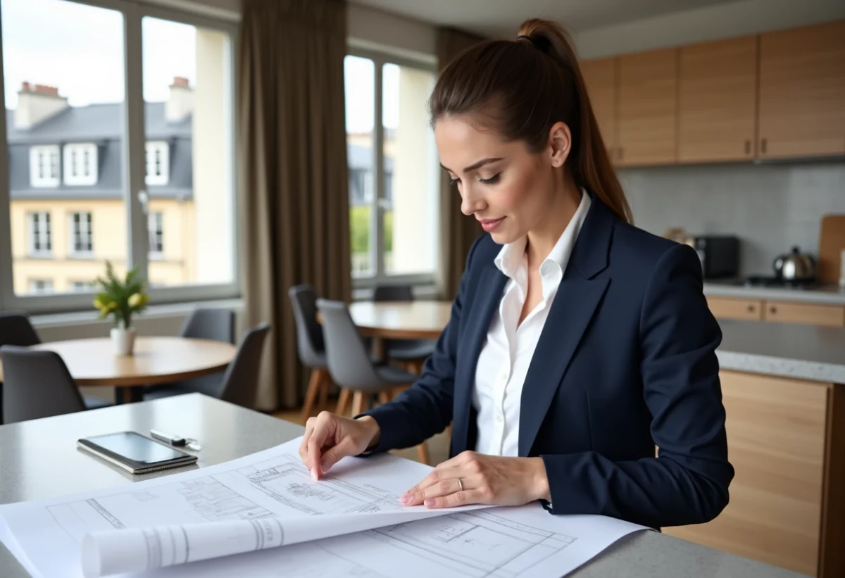 Femme professionnelle en blazer bleu dans une cuisine parisienne