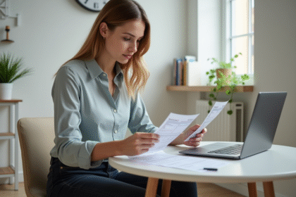 Jeune femme vérifiant ses papiers de budget chez elle