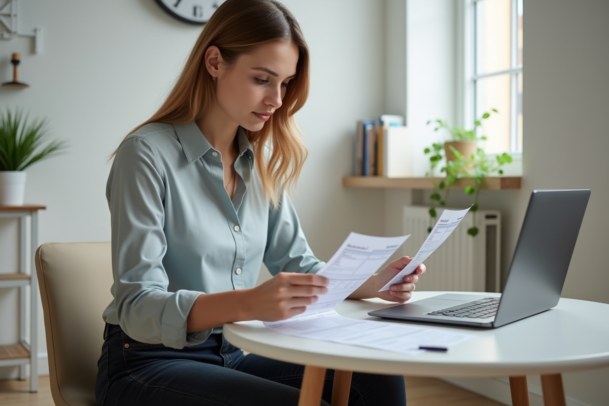 Jeune femme vérifiant ses papiers de budget chez elle