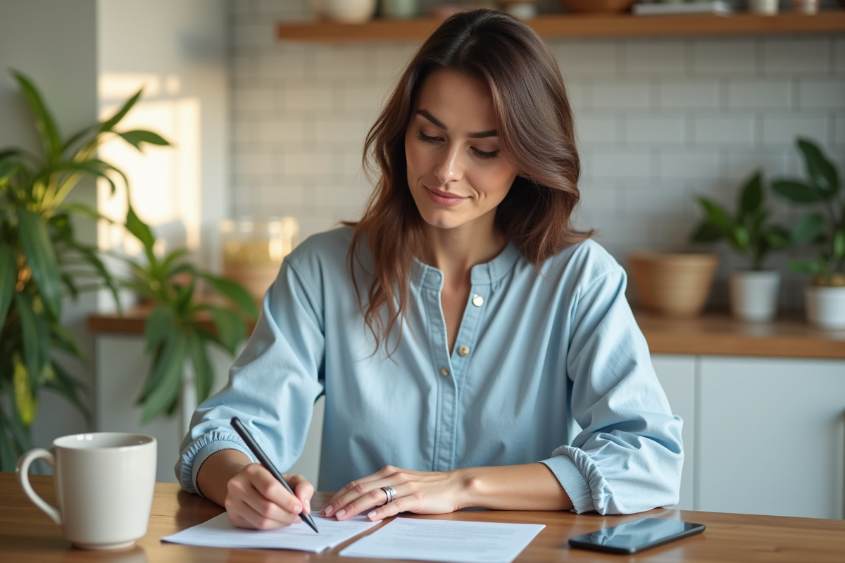 Femme remplissant un formulaire de changement d'adresse dans la cuisine