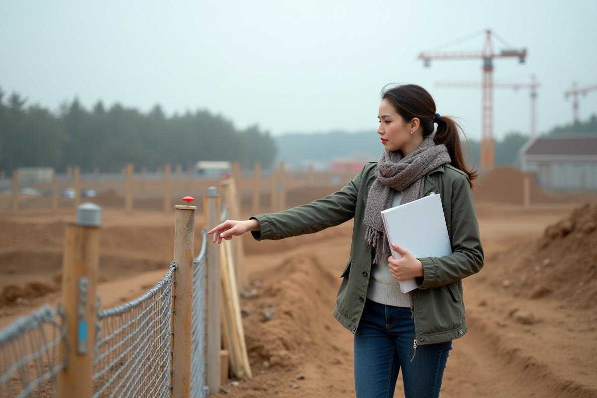 Jeune femme pointe un repère sur un terrain de construction