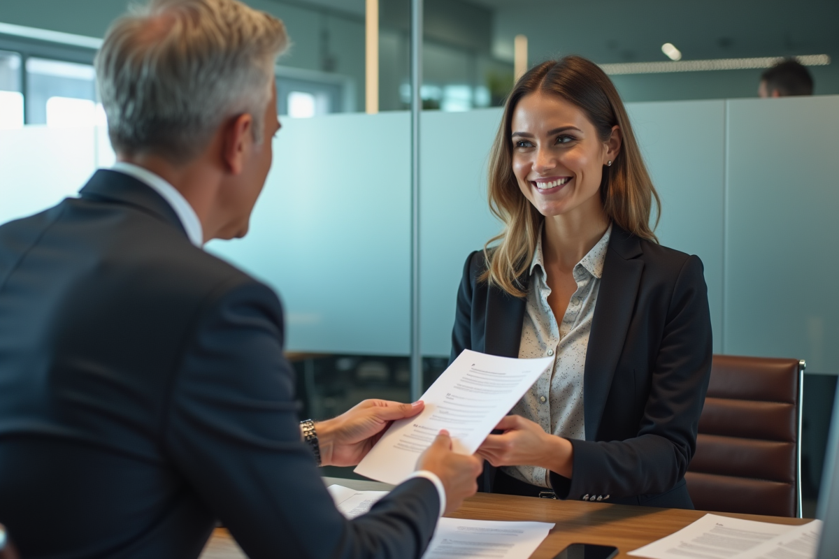 Jeune femme conseillère bancaire remet documents à un client senior
