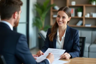 Femme d'affaires en réunion avec conseiller financier