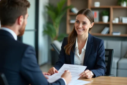 Femme d'affaires en réunion avec conseiller financier