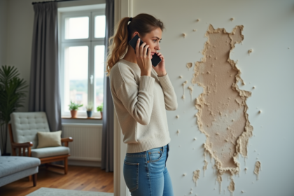 Femme examinant des dégâts d'eau sur un mur intérieur