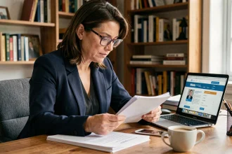 Femme consultant des documents administratifs après un avis favorable de commission d'attribution de logement