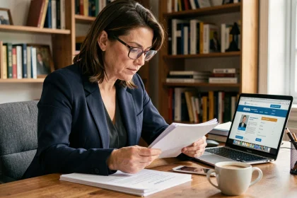 Femme consultant des documents administratifs après un avis favorable de commission d'attribution de logement