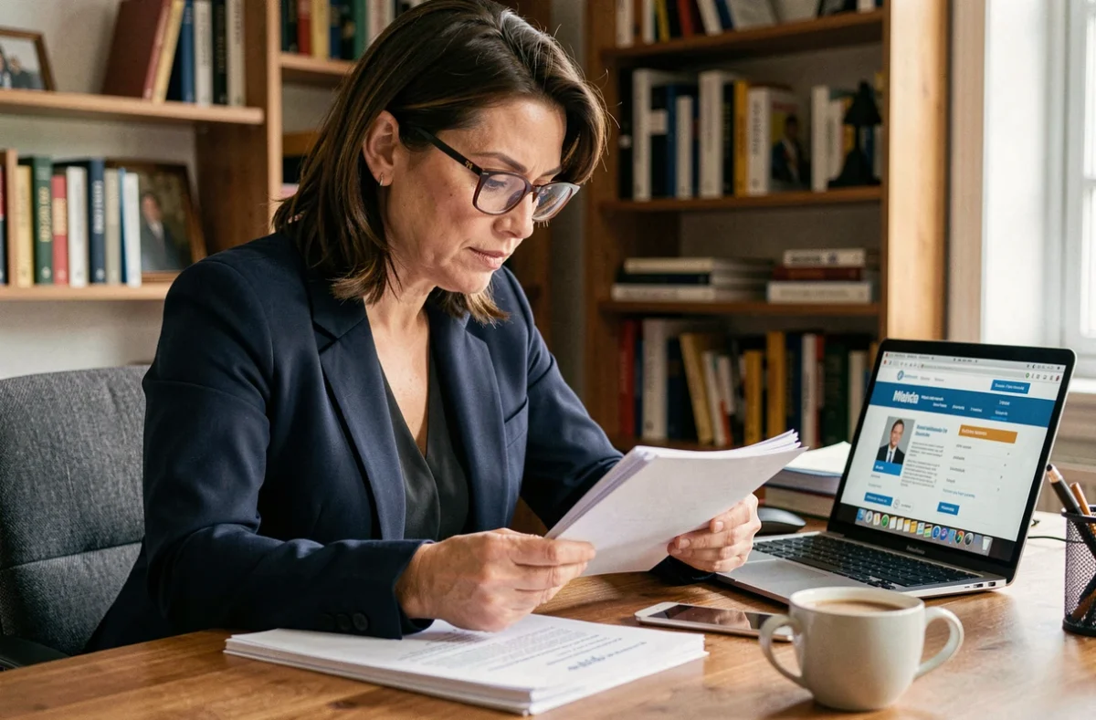 Femme consultant des documents administratifs après un avis favorable de commission d'attribution de logement