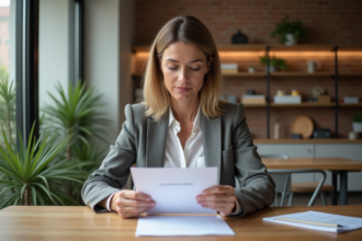 Femme d'âge moyen examine des documents charges Alur dans un appartement lumineux